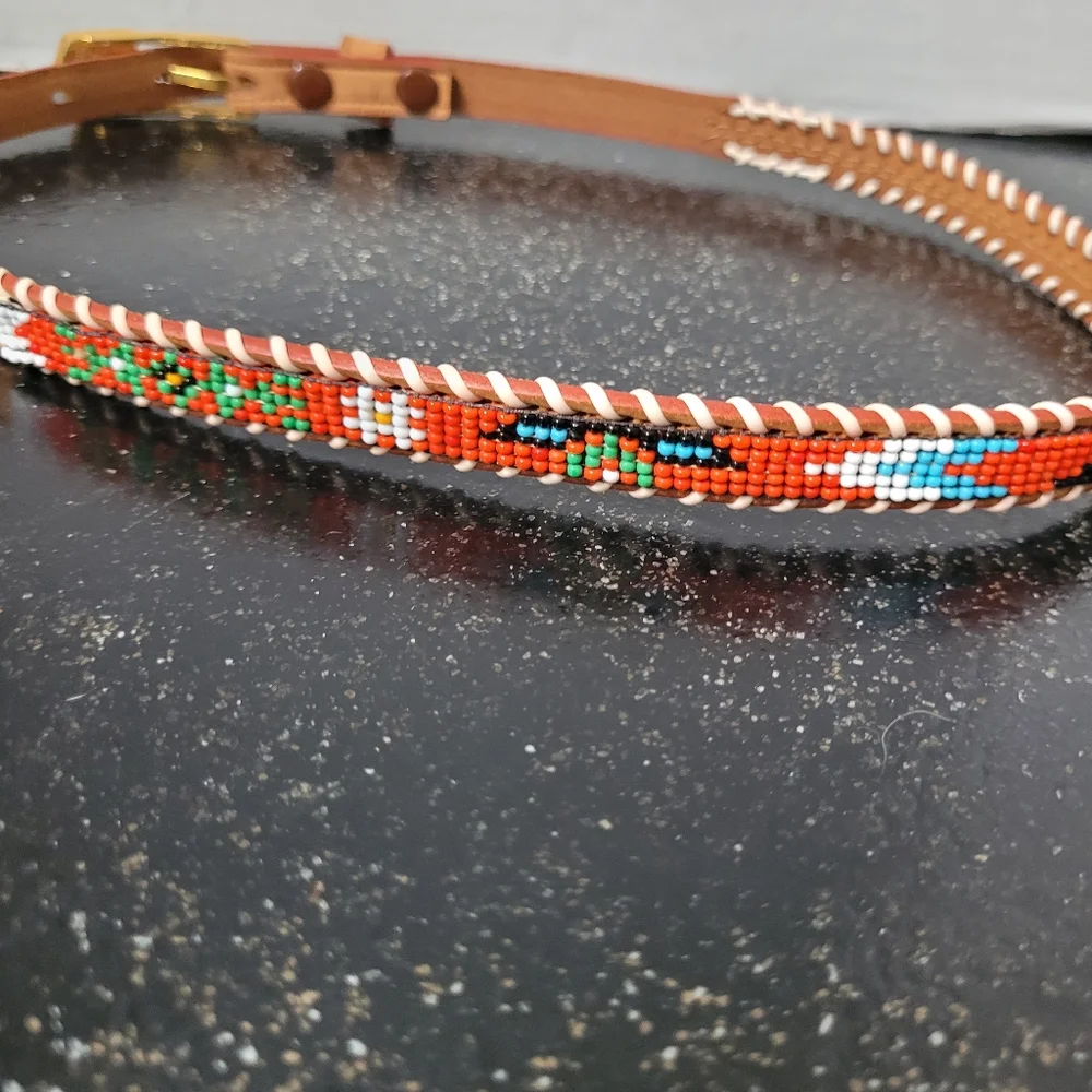 Vintage Brown Leather Beaded Women's Belt